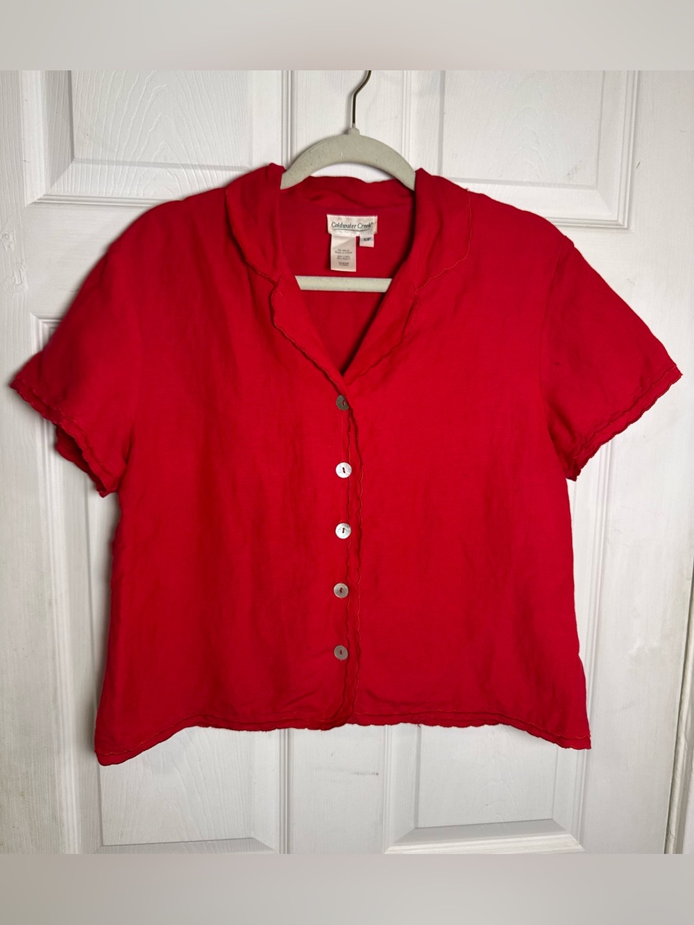 Coldwater Creek Linen Blend Short Sleeve Button Up Shirt Bright Red Coastal Boho